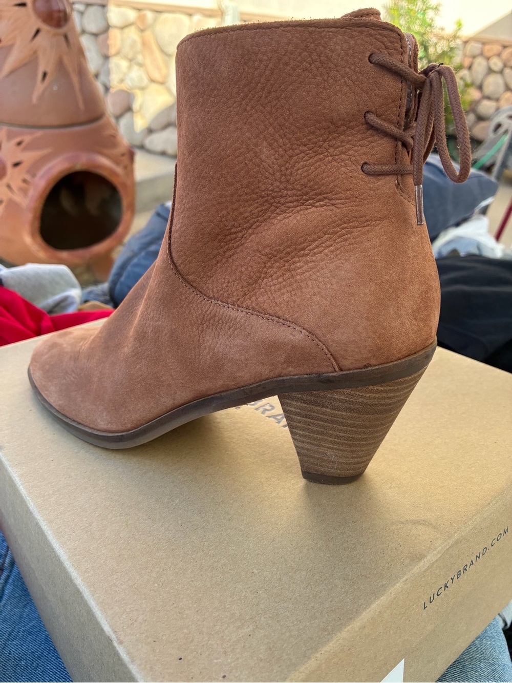 Lucky Brand Tan Suede Ankle Boots with Stacked Heel